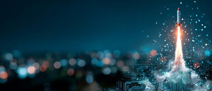 Dawn of technology: a rocket's journey against the backdrop of twilight. Ai development. Dusk rocket launch with a glorious glow and a majestic blue backdrop. Smart systems. Human technology.