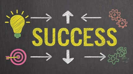 Creative Concept of Success Illustrated with Light Bulb, Target, Gears, and Directional Arrows on Chalkboard Background