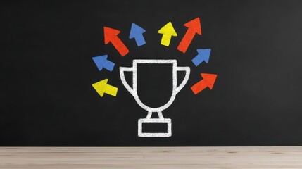 Chalk Drawing of Trophy with Colorful Arrows Symbolizing Achievement and Success on Blackboard Background