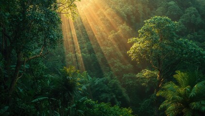 Fototapeta premium Lush green forest illuminated by sunlight, showcasing seasonal change