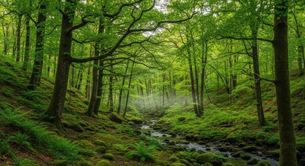 Obraz premium Stunning green forest landscape with lush trees and mossy rocks along a peaceful flowing stream, perfect for nature documentaries or calming meditation backgrounds