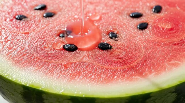 Close up of juicy watermelon slice with black seeds and water droplets.