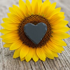 A dark grey heart placed in the center of a yellow sunflower on a wooden table.