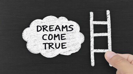 Inspirational Hand Drawing of a Ladder Beside a Cloud with the Phrase Dreams Come True on a Chalkboard Background