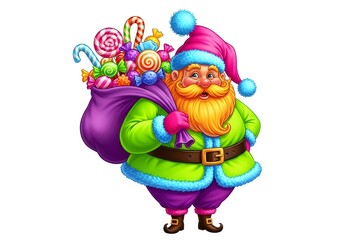 Fototapeta premium Jolly Santa with candy bag brings holiday cheer