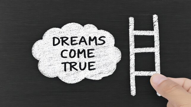 Inspirational Hand Drawing of a Ladder Beside a Cloud with the Phrase Dreams Come True on a Chalkboard Background