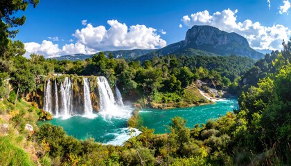 Stunning wide-angle scenic view capturing cascading waterfalls with vibrant turquoise water flowing against a backdrop of mountains & lush greenery