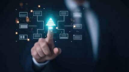 Businessman using digital interface to interact with visual data and graphics, representing technology and innovation concepts