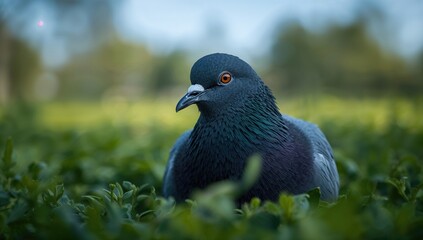 Fototapeta premium Close-up of a pigeon in an urban green space, observing nature's urban wildlife
