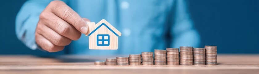 Hand Holding Wooden House Symbol Over Stacked Coins Representing Financial Investment in Real Estate and Savings Strategy