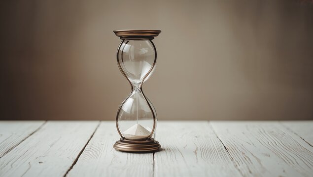 Hourglass resting on a white wooden surface, symbolizing the passage of time, potential for mindfulness