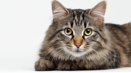 Obraz premium Studio portrait of a sitting tabby cat looking forward against a white back ground