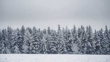 Fototapeta premium Winter forest scene featuring snow-laden trees under a gray sky, ideal for seasonal backgrounds
