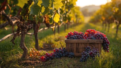 Fototapeta premium Grapes on blue vines, red wine grapes harvested in a container, fiber-dense choice