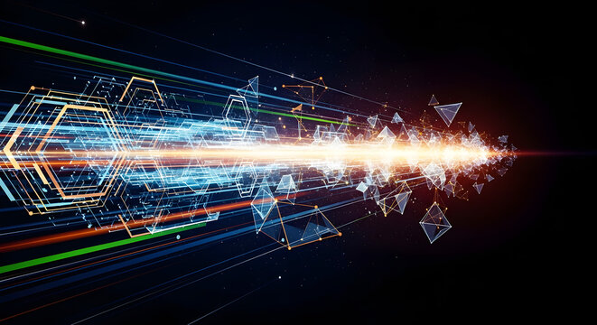 Dynamic light streaks with abstract geometric shapes create a modern tech feel, great for innovation, data, or future concepts in presentations or websites