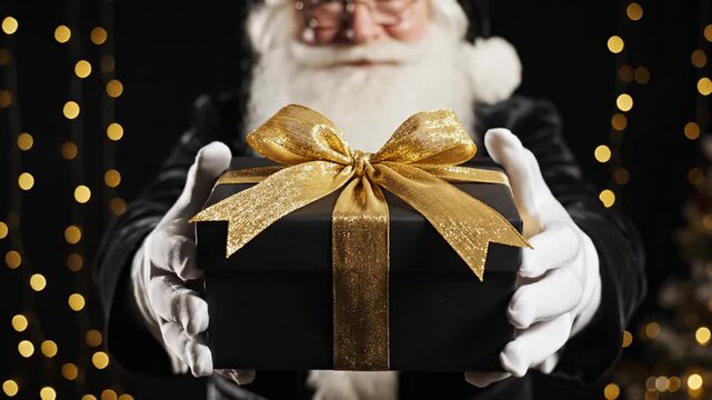 An unconventional and stylish Santa Claus, dressed in an elegant black suit, offers a black gift box tied with a luxurious gold ribbon. This modern, sophisticated concept is perfect for luxury brands.