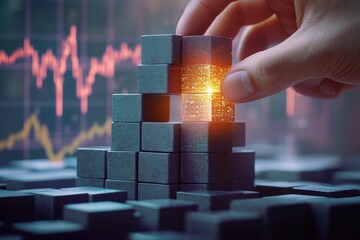 Hand placing a glowing illuminated cube into a pyramid of dark metallic cubes with financial charts blurred in background, symbolizing innovation and technology integration