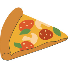 A Sliced Portion of Delicious Pepperoni and Mushroom Pizza With Green Basil Leaves on a Yellow Cheese Base and a Thick Golden Brown Crust Isolated on a White Background in a Flat Graphic Design Style