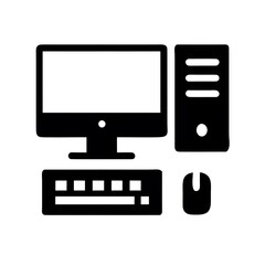 Black silhouette icon of a desktop computer monitor keyboard and mouse