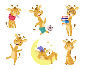 Giraffe. Cartoon baby animal playing in action poses exact vector safari animals