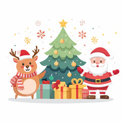 Festive Kawaii Christmas Scene with Santa, Reindeer, Tree, and Gifts in Vector Art