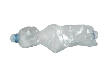 A crumpled PET bottle, isolated on a transparent background, empty, side view, studio subject shooting. The topic of plastic recycling.