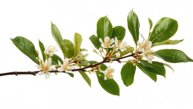 Branch adorned with orange tree blooms, buds, and leaves against a white backdrop, symbolizing spring renewal