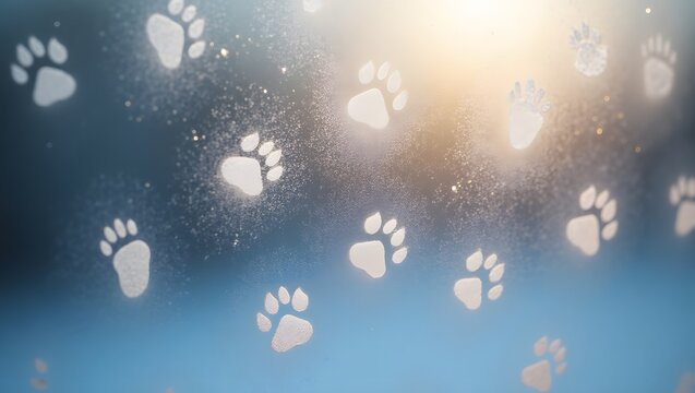 Cute white paw prints on a dusty or frosted glass window pane.