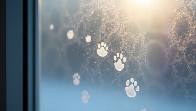 Cute white paw prints on a dusty or frosted glass window pane. - Powered by Adobe