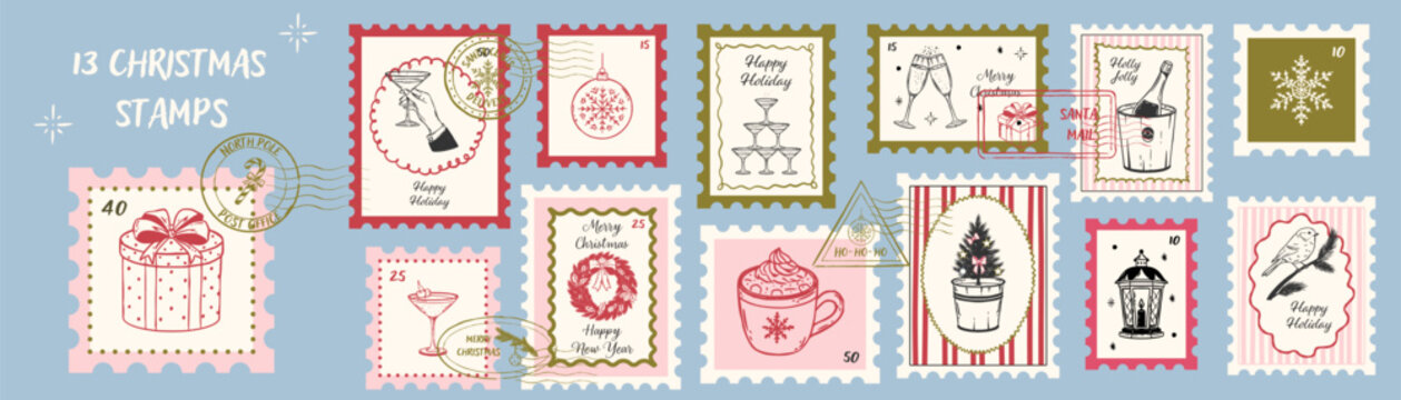 Vintage Christmas stamp set. Retro winter holiday postage marks, festive New Year postcards, and modern hand drawn doodle labels in sketch style. Holiday mail stickers.