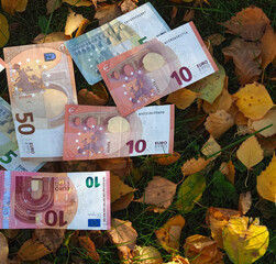 Financial situation of Europe in autumn - Euro banknotes with fallen autumn leaves