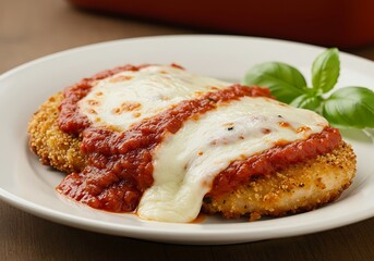 Delicious Chicken Parmesan with Melted Mozzarella and Rich Tomato Sauce.