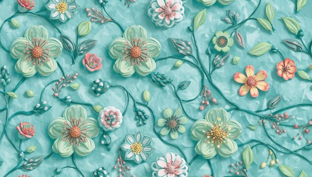 Light blue and green seamless abstract background featuring floral designs, ideal for trendy fabric and wallpaper applications