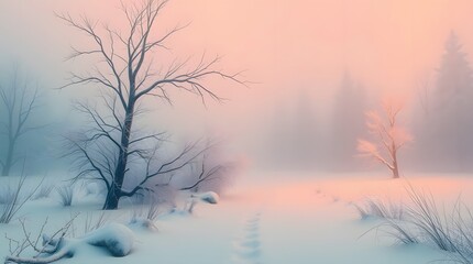 Obraz premium Foggy winter landscape with bare trees and soft pink morning sunlight.