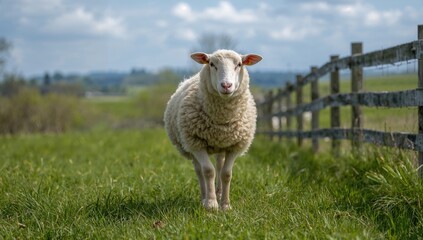 Obraz premium A sheep grazes in a grassy field adjacent to a fence, emphasizing rural tranquility