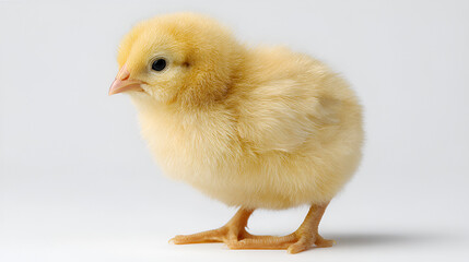 Fototapeta premium A fluffy yellow chick stands against a white background.