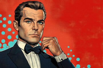 Confident man in a tuxedo adjusting his bow tie against a red and blue dotted background with a serious expression