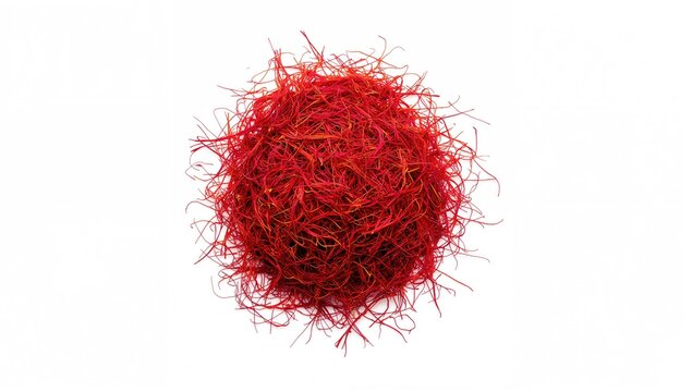 Heap of saffron stigmas against a white backdrop, culinary applications of aromatic spice