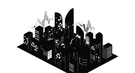 Futuristic cityscape with sleek modern buildings and abstract mountain peaks