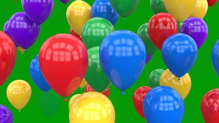 Vibrant colorful balloons floating and rising against a bright green screen background, perfect for celebrations, parties, and festive events with easy chroma keying.
