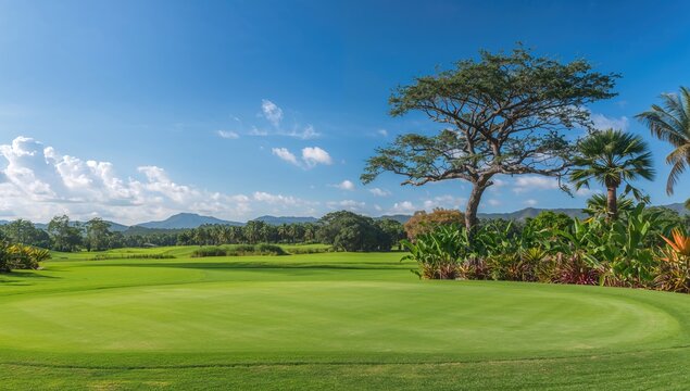Lush green golf course with tropical trees and grass, ideal for outdoor sports and recreation
