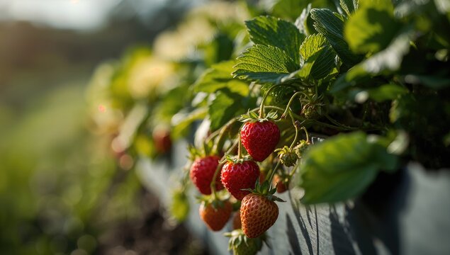 Close-up view of strawberry plant, showcasing ripe fruit and foliage, beneficial for gardening enthusiasts