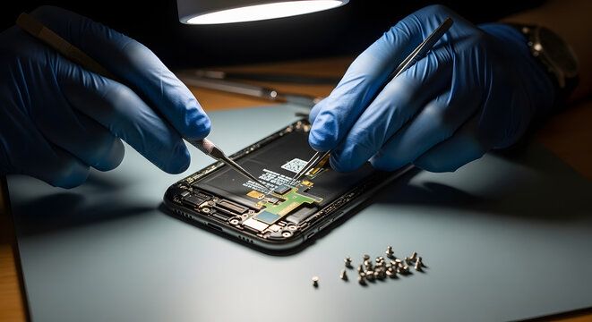 Expertly repairing a smartphone with precision tools and gloved hands, ensuring quality and reliability in every fix for modern technology solutions