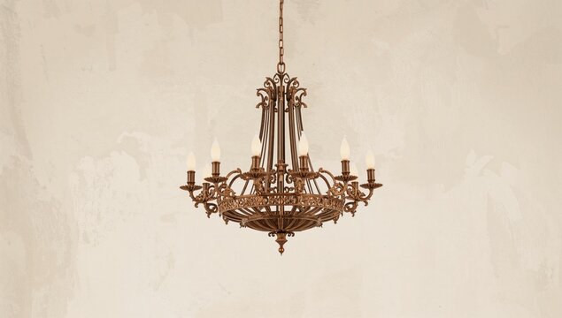 A circular chandelier composed of multiple lamps hanging from a light ceiling, enhancing interior brightness, decor enhancement