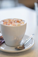 Sweet cocoa with marshmallows in a light setting