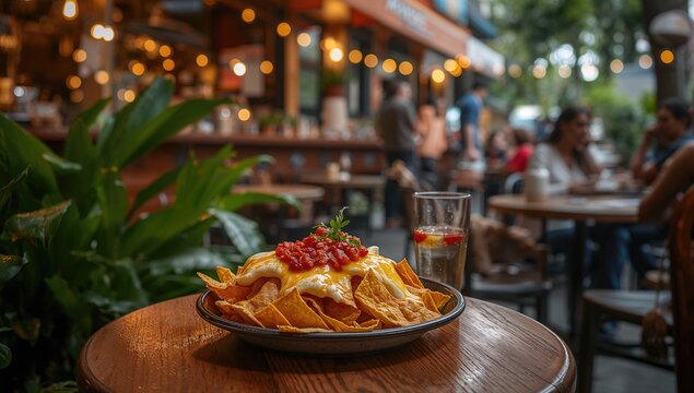 A plate of nachos topped with corn chips at an outdoor caf&Atilde;&copy;, fiber-dense choice