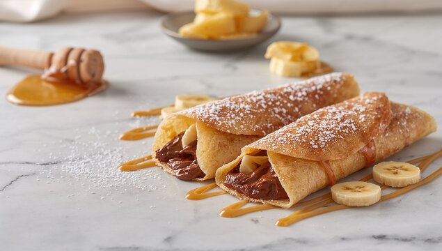 Homemade crepes topped with chocolate caramel and bananas, indulgent treat, Pancake Day