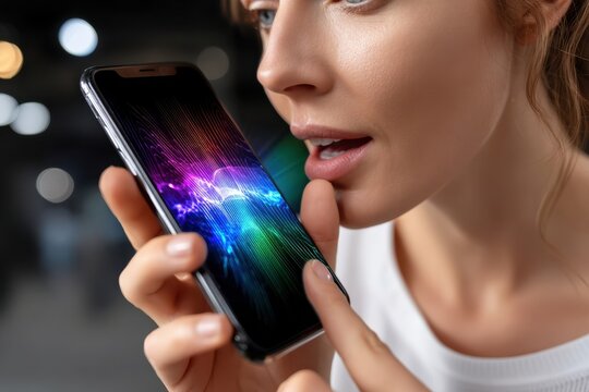 Young woman speaking into smartphone at modern indoor location with colorful display