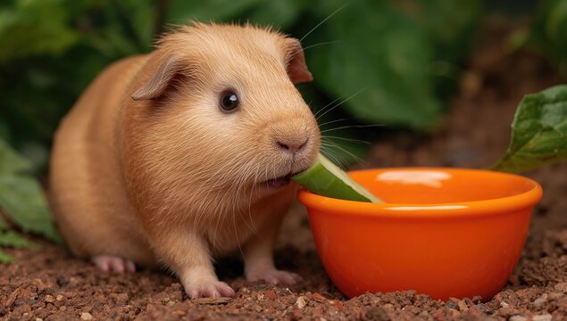 A light brown guinea pig from the US breed nibbles on cucumber beside a bright orange dish
