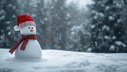 Festive snowman adorned with a red hat in a wintery landscape, ideal for holiday greeting cards